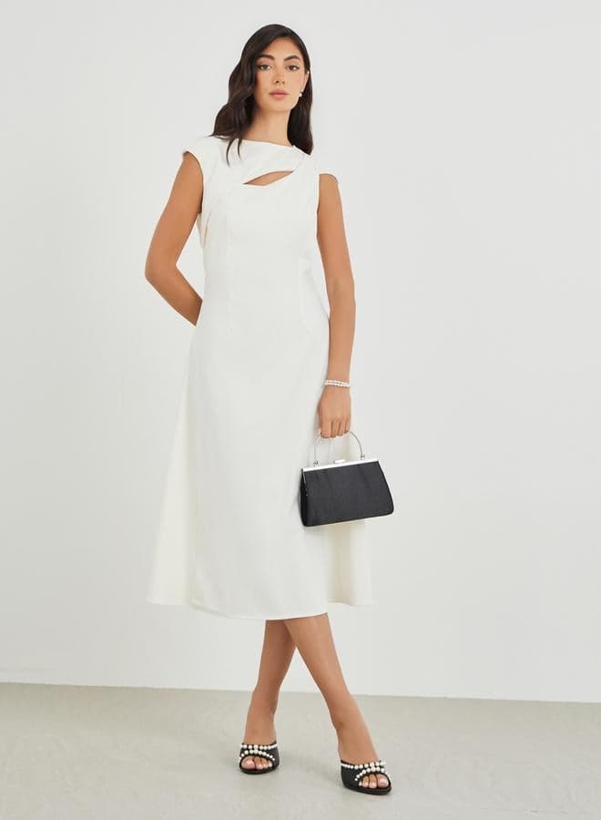 Asymmetric Neckline A-Line Midi Dress Modern Elegance - Image 1