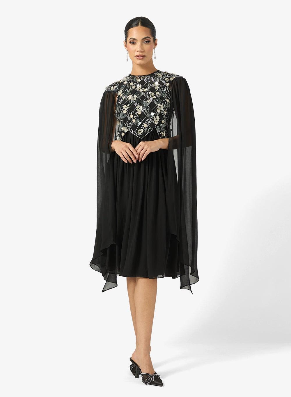 Embellished Mesh Cape Sleeve Midi Dress - Image 1