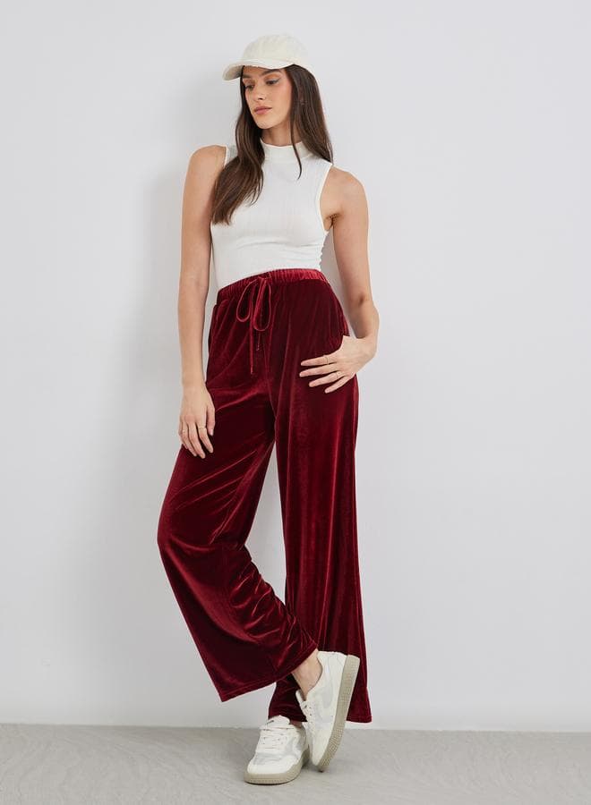 Velvet Look Wide Leg Joggers with Drawstring Fit - Image 1