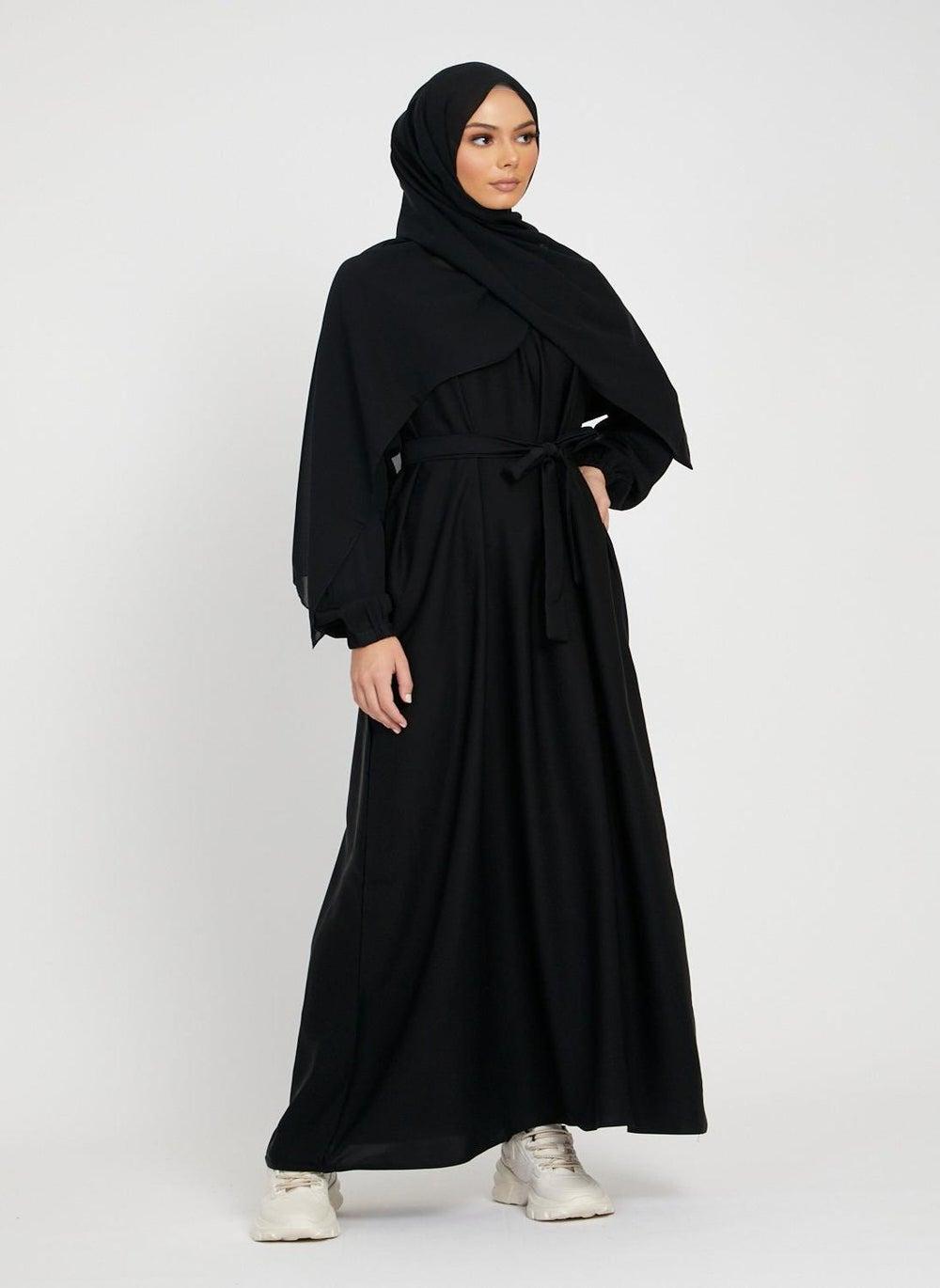 Elegant Black Abaya Set with Belt & Hijab AB82 - Image 1