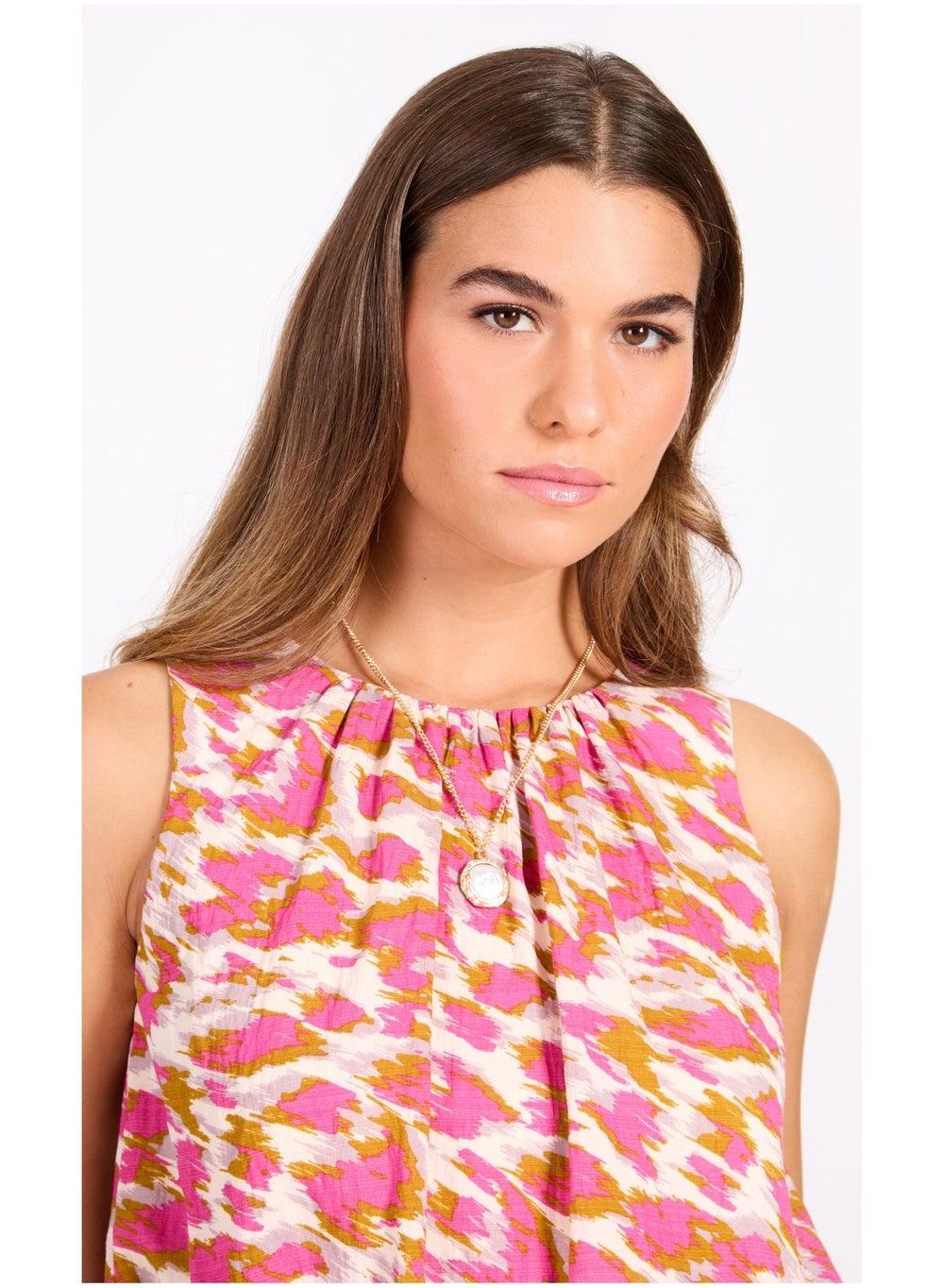Printed Cotton Blend Crew Neck Tie-Back Top - Image 1