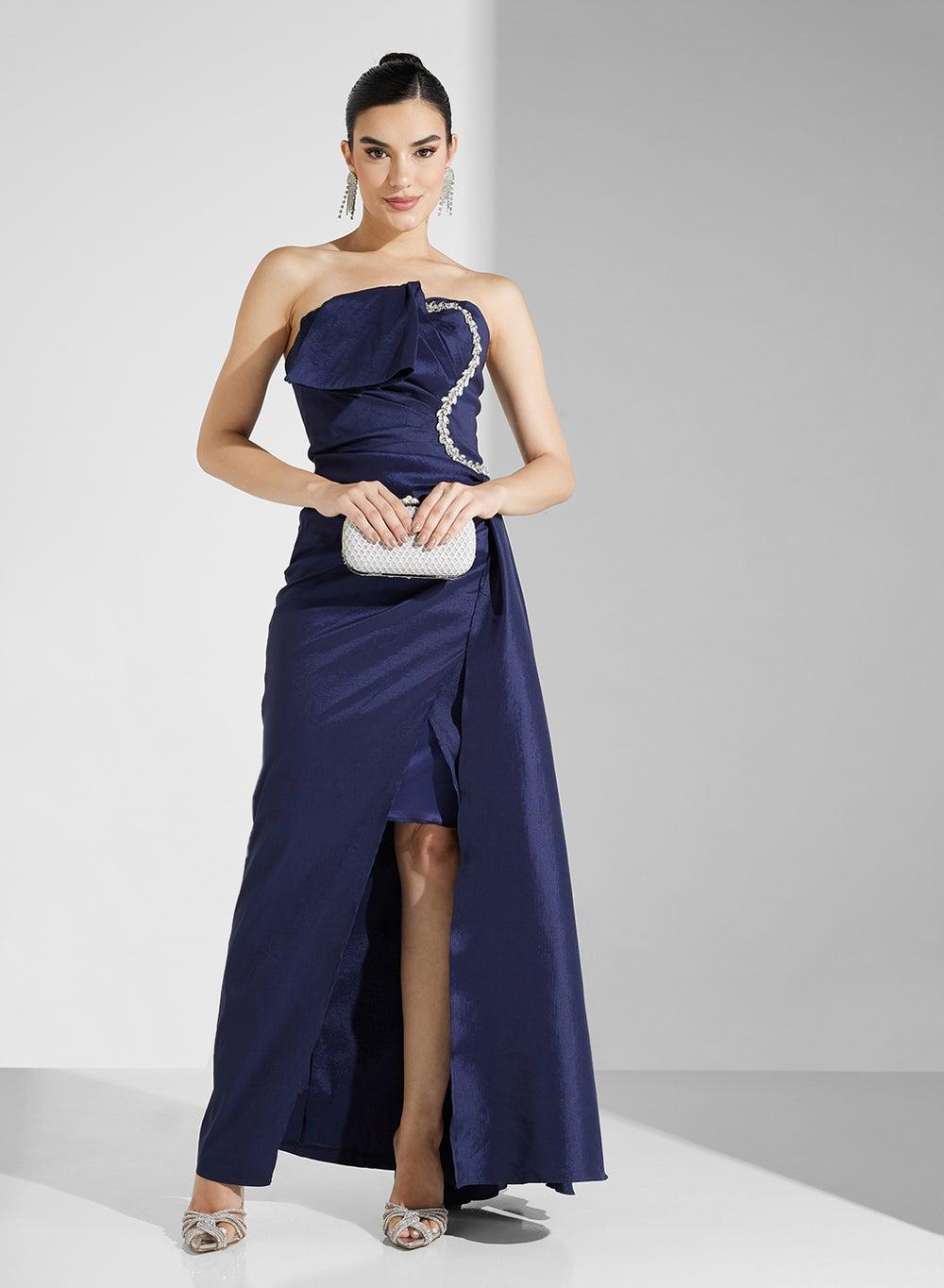 Dark Blue Strapless Slit Gown with Beaded Bodice - Image 1