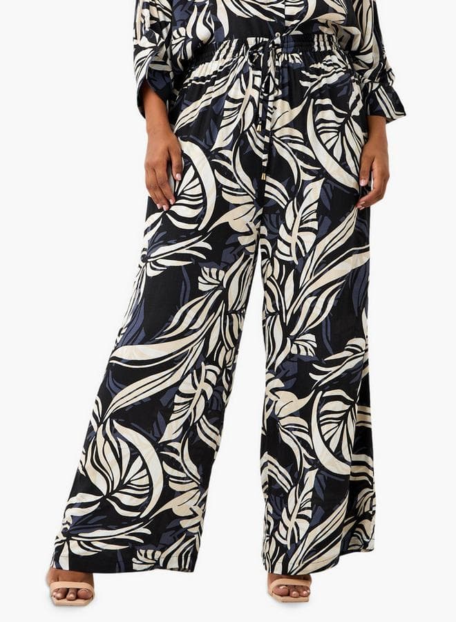 Ulla Popken Plus Size Leaf Print Wide Leg Pants - Image 1