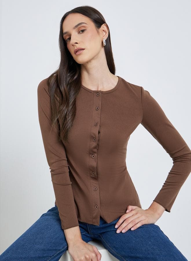 Styli Women Brown Knit Long Sleeve Button Top - Image 1