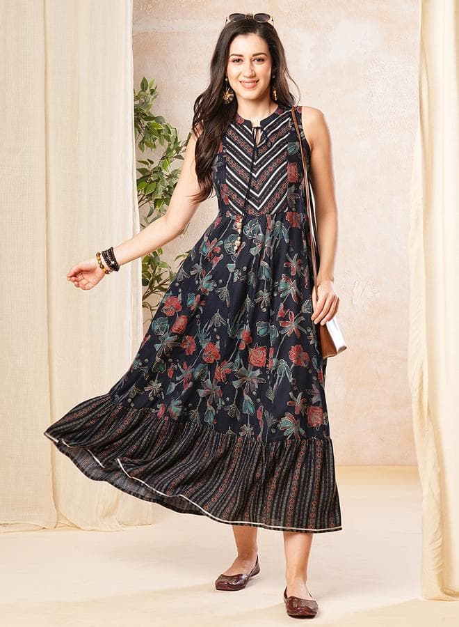 Globus Blue Floral Tie-Up Neck A-Line Midi Dress - Image 1