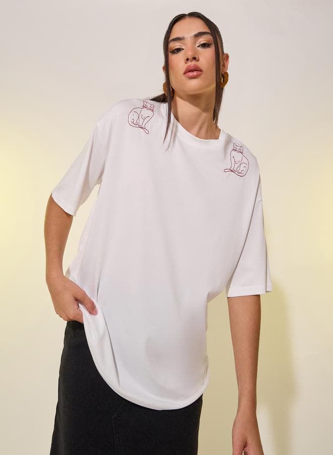 Embroidered Oversized Round Neck Women’s T-Shirt - Image 1