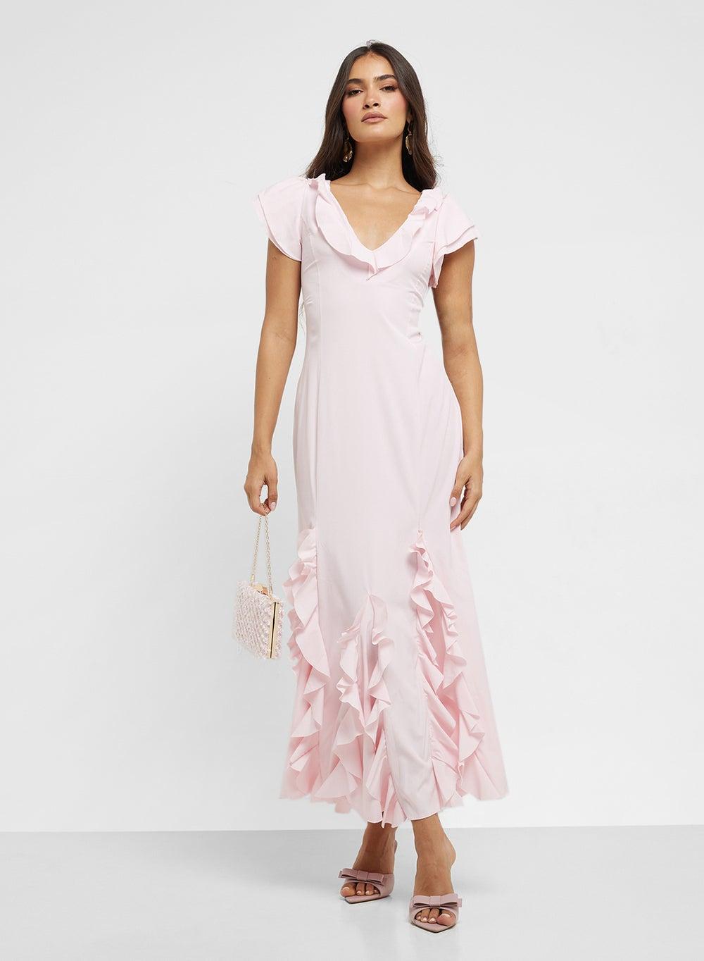 Light Pink Ruffled Trim V-Neck Maxi Dress - Image 1