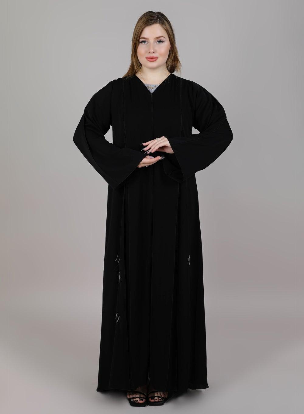MSquare Black Embroidered Nida Abaya with Headscarf - Image 1