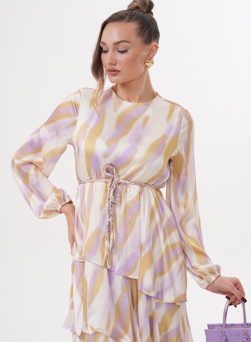 Pastel Layered Satin Maxi Dress with Belt - Image 1