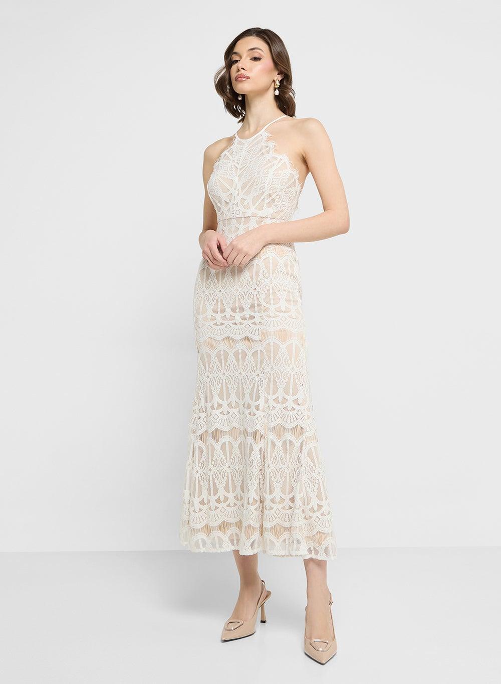 Off-White Lace Halter Midi Dress - Image 1