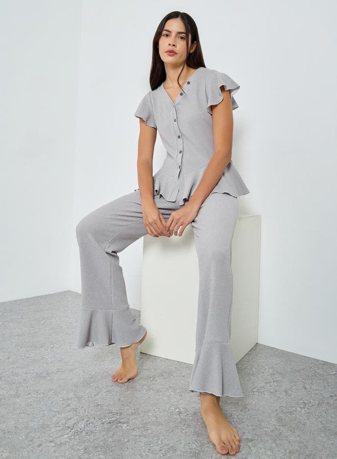 Styli Ribbed Peplum Shirt & Pyjama Set - Image 1
