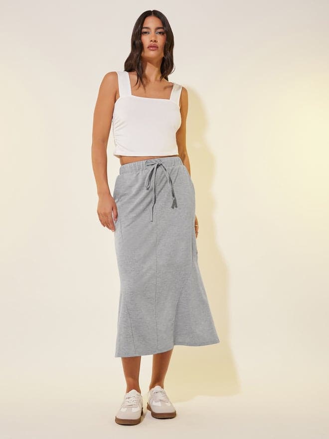 Solid Drawstring Waist A-Line Midi Skirt – Effortless Chic - Image 1