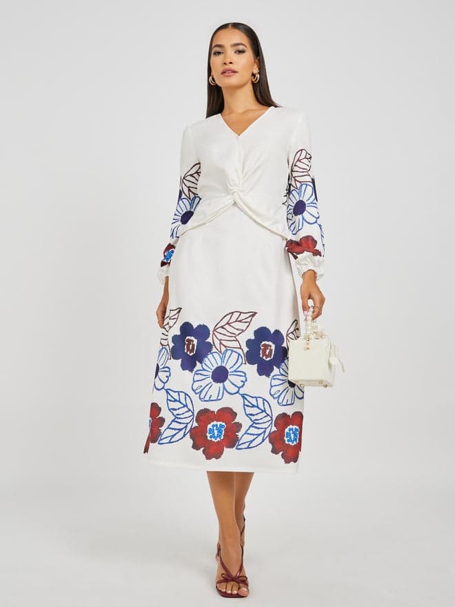 Cream Floral Midi Dress with V-Neck Elegance - Image 1