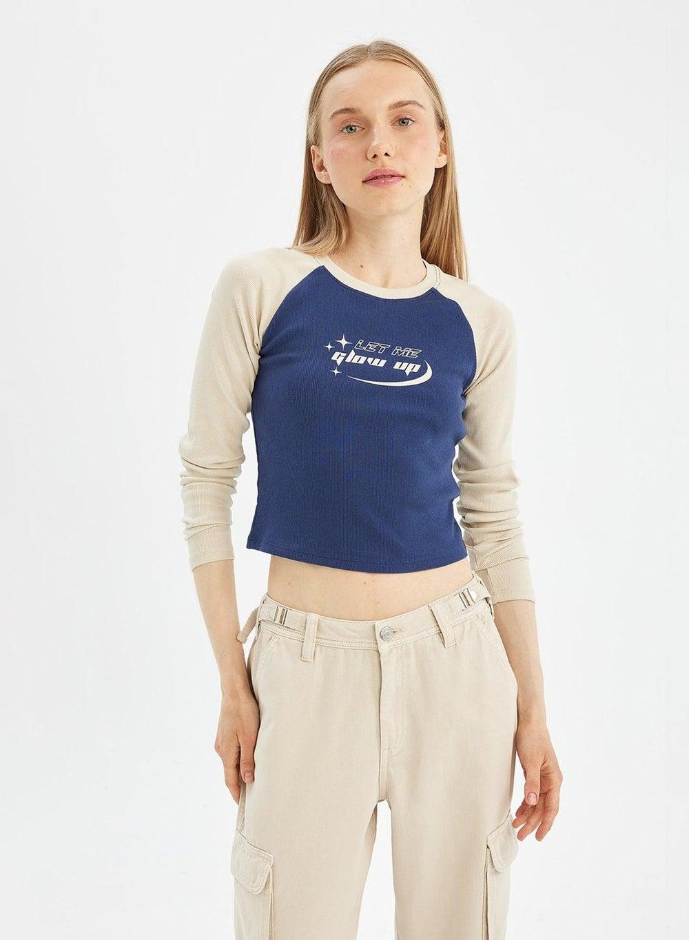 Ribbed Corset Crew Neck Long Sleeve Fitted Top - Image 1