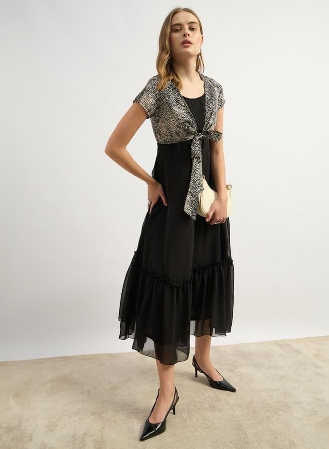 Contrast Animal Print Tie-Up Midi Dress - Image 1