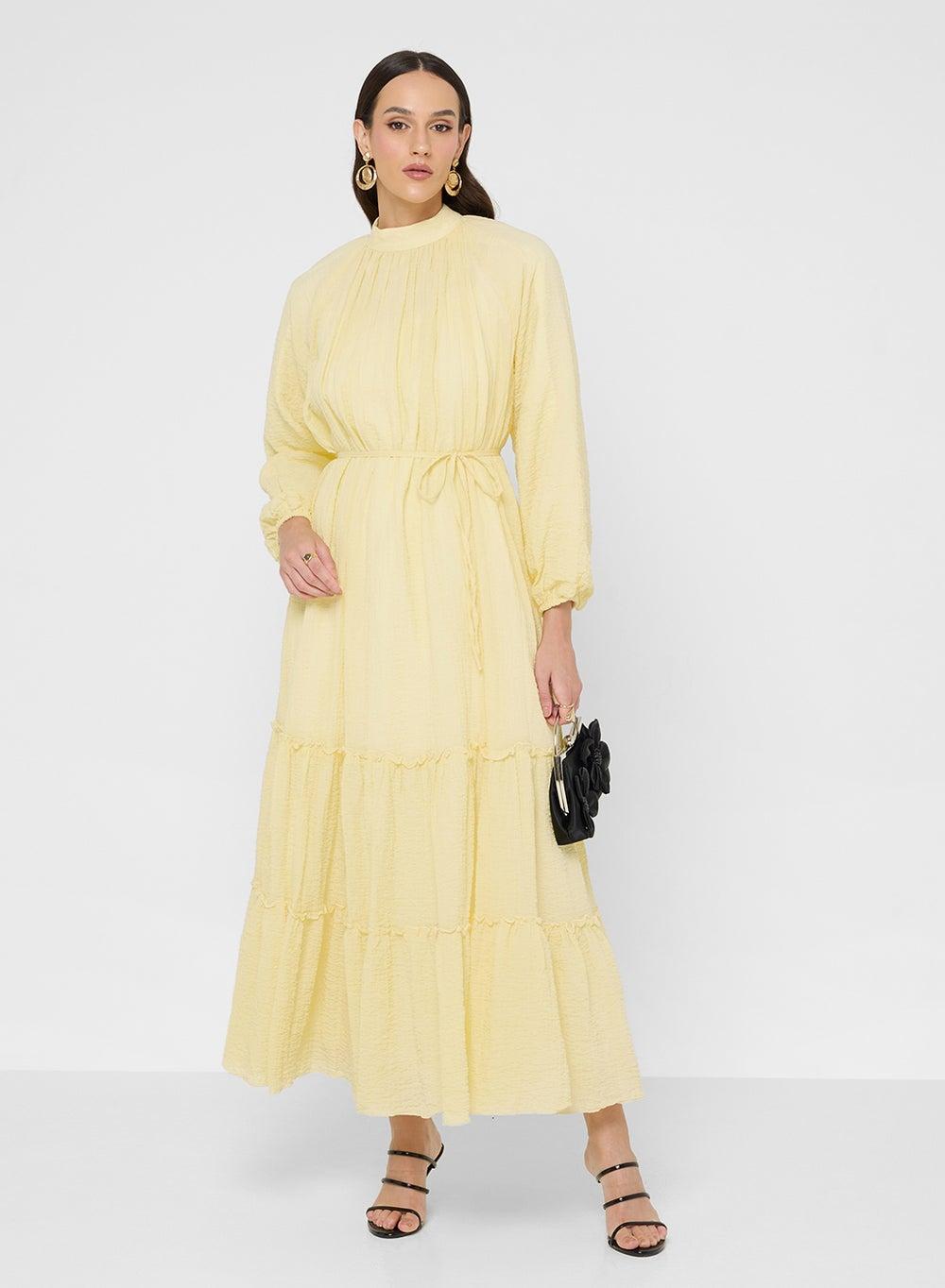 Soft Yellow Tiered Long Sleeve Maxi Dress - Image 1