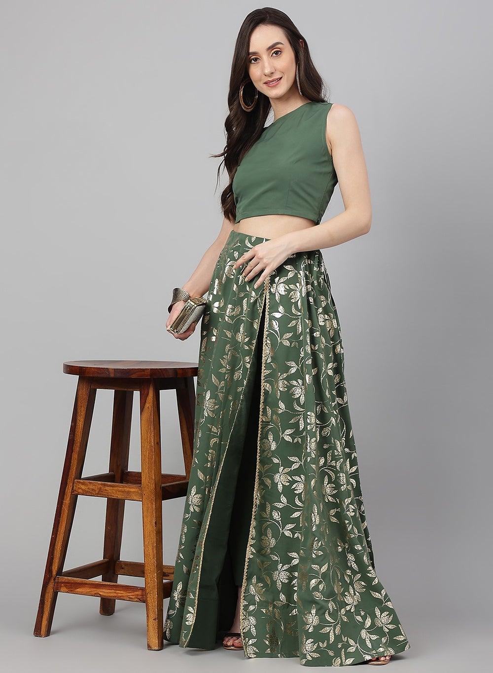 Olive Green Crepe Solid Lehenga Choli Ensemble - Image 1