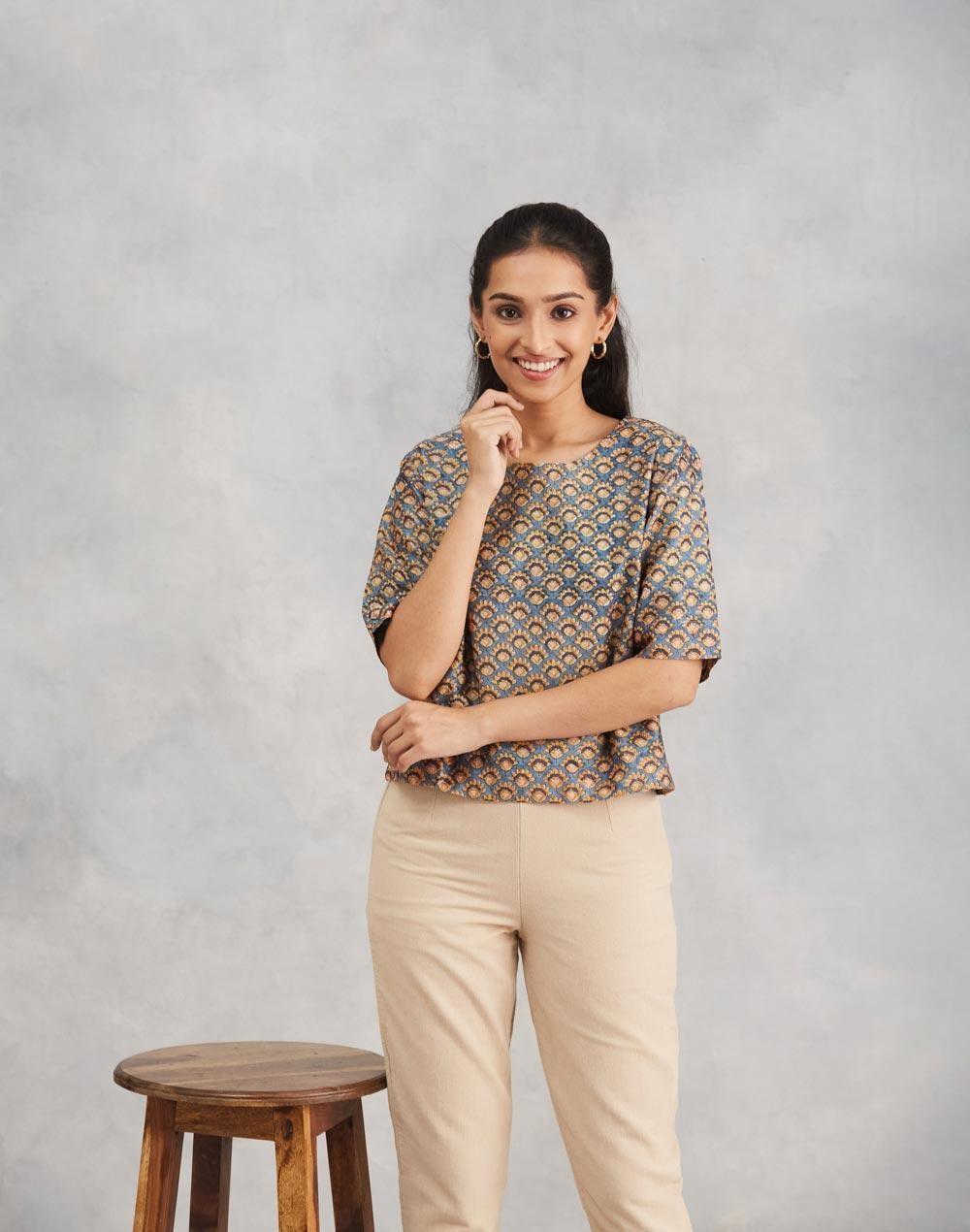 Blue Cotton Silk Hand Block Printed Short Kurti - Image 1