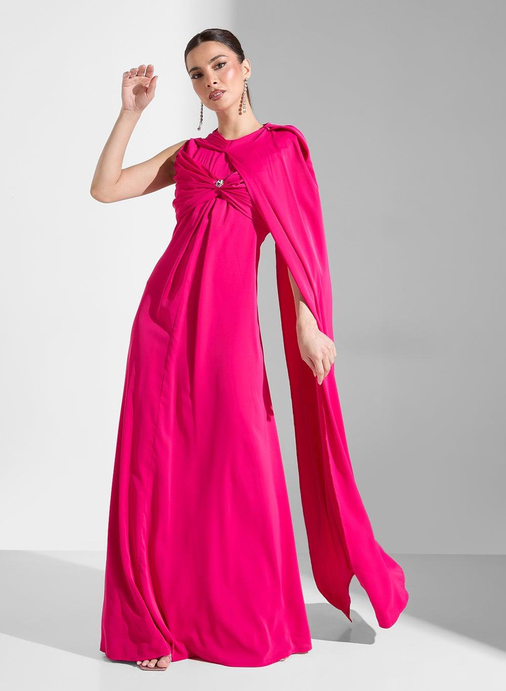 Hot Pink Cape Gown with Knot Detail - Image 1