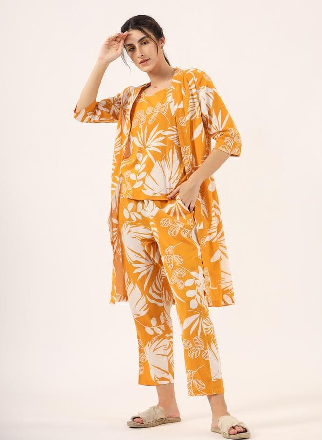 Sanskrutihomes Floral Cotton Top Robe Pyjama Set - Image 1