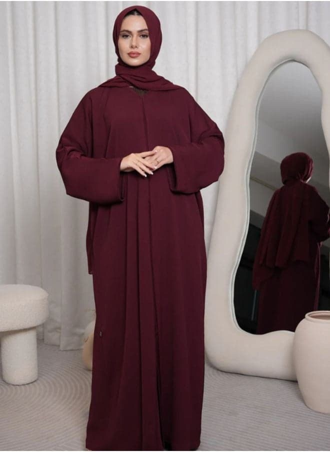 Maroon Textured Front Open Abaya with Button Detail - Image 1