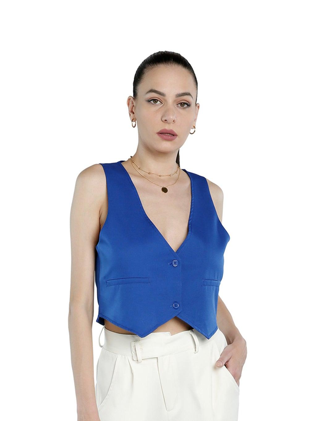 Blue Solid Button-Down Tailored Vest - Image 1