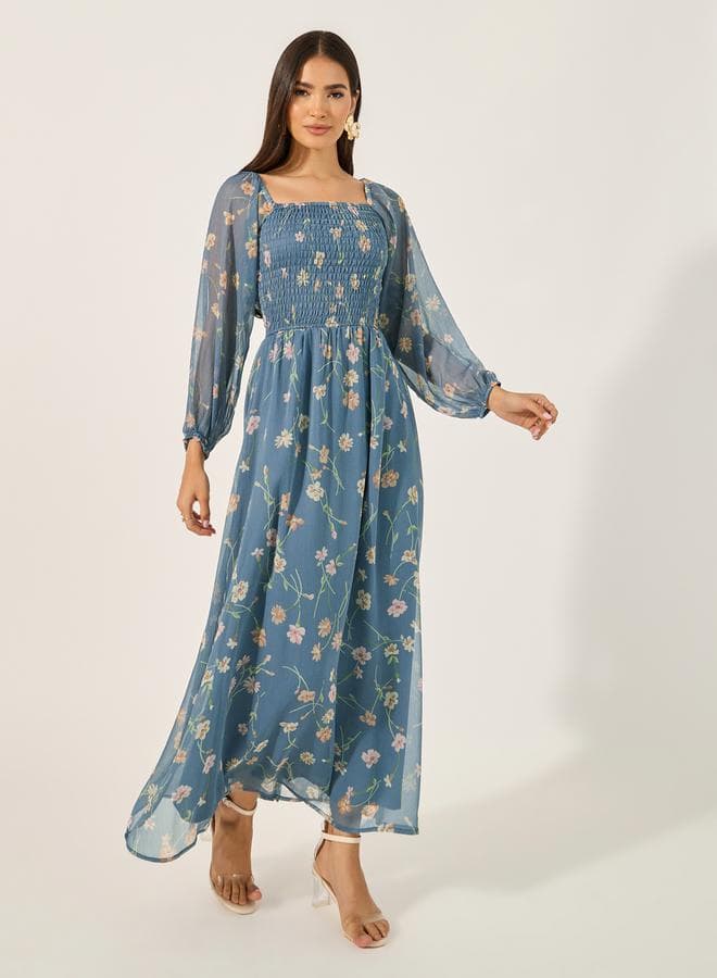 Elegant Printed Long Sleeve A-Line Maxi Dress - Image 1