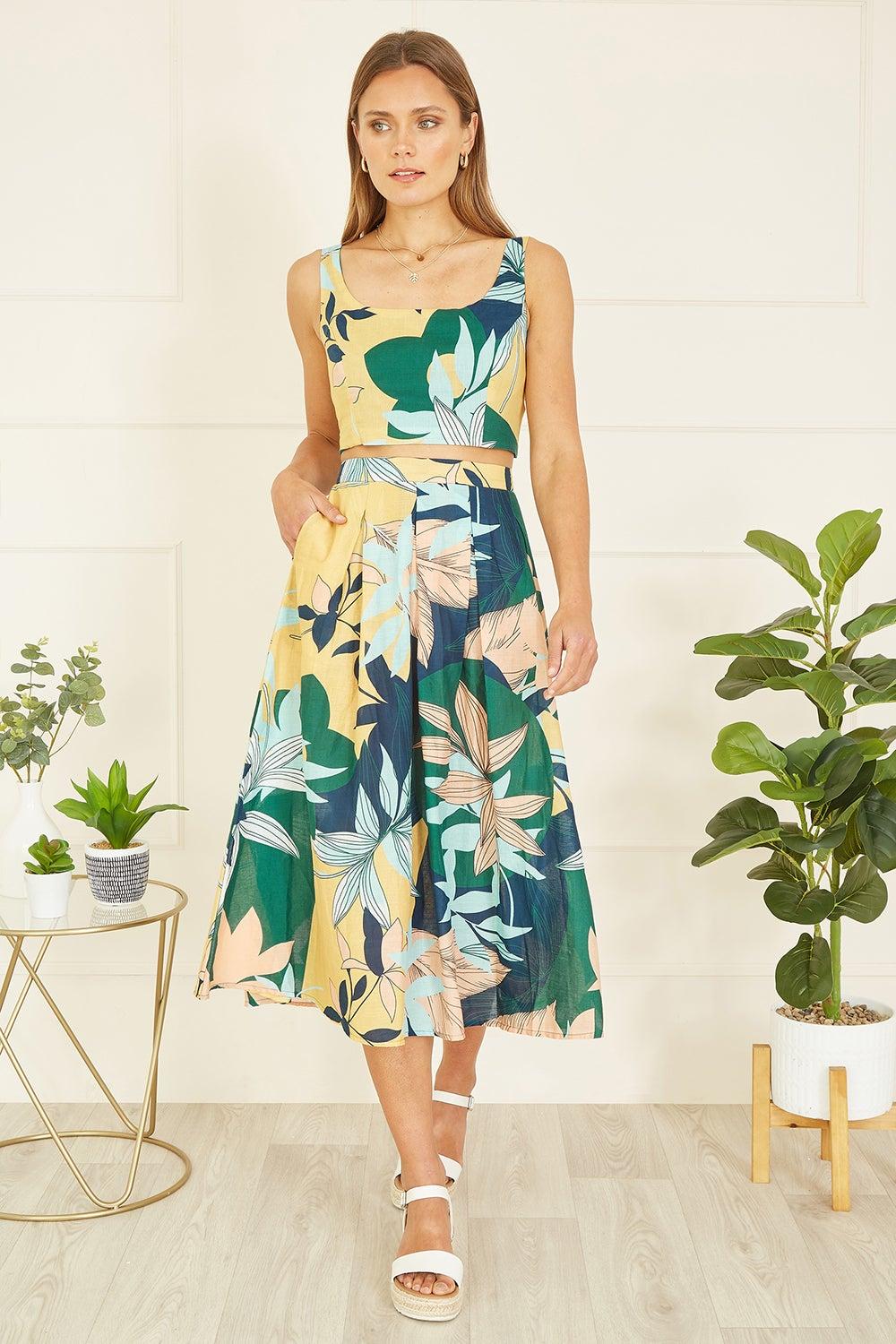 Organic Cotton Leaf Print Midi Skirt with Pockets - Image 1