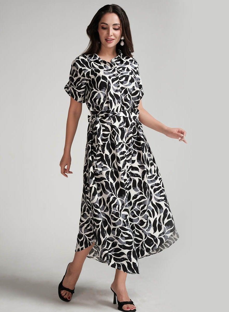 Black & White Leaf Print Shirt Midi Dress - Image 1