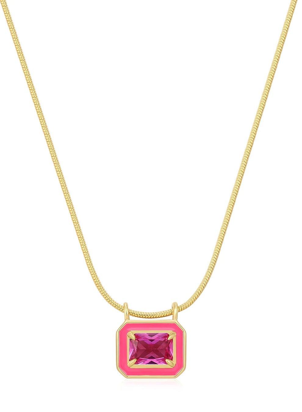 Hot Pink Molten Glass Bezel Pendant Necklace Gold - Image 1