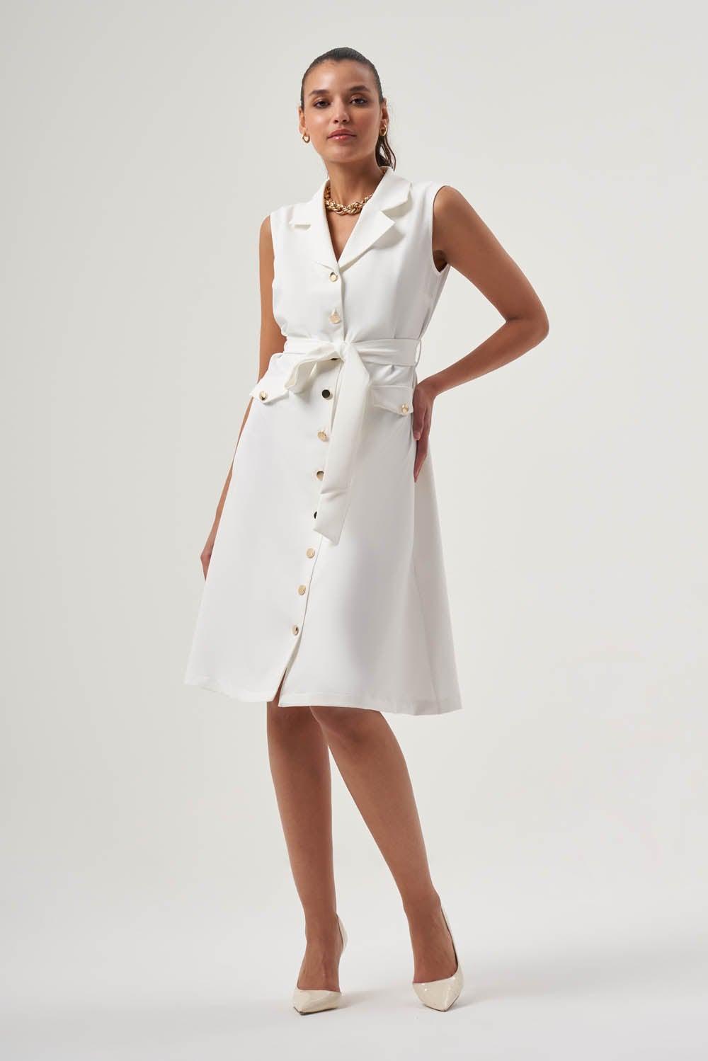 Belted Sleeveless White Shirt Dress - Image 1