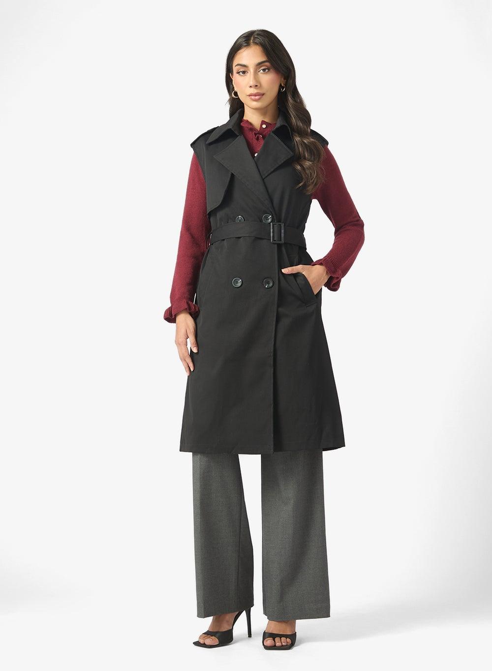 Sleeveless Belted Trench Coat – Modern Tailored Layer - Image 1