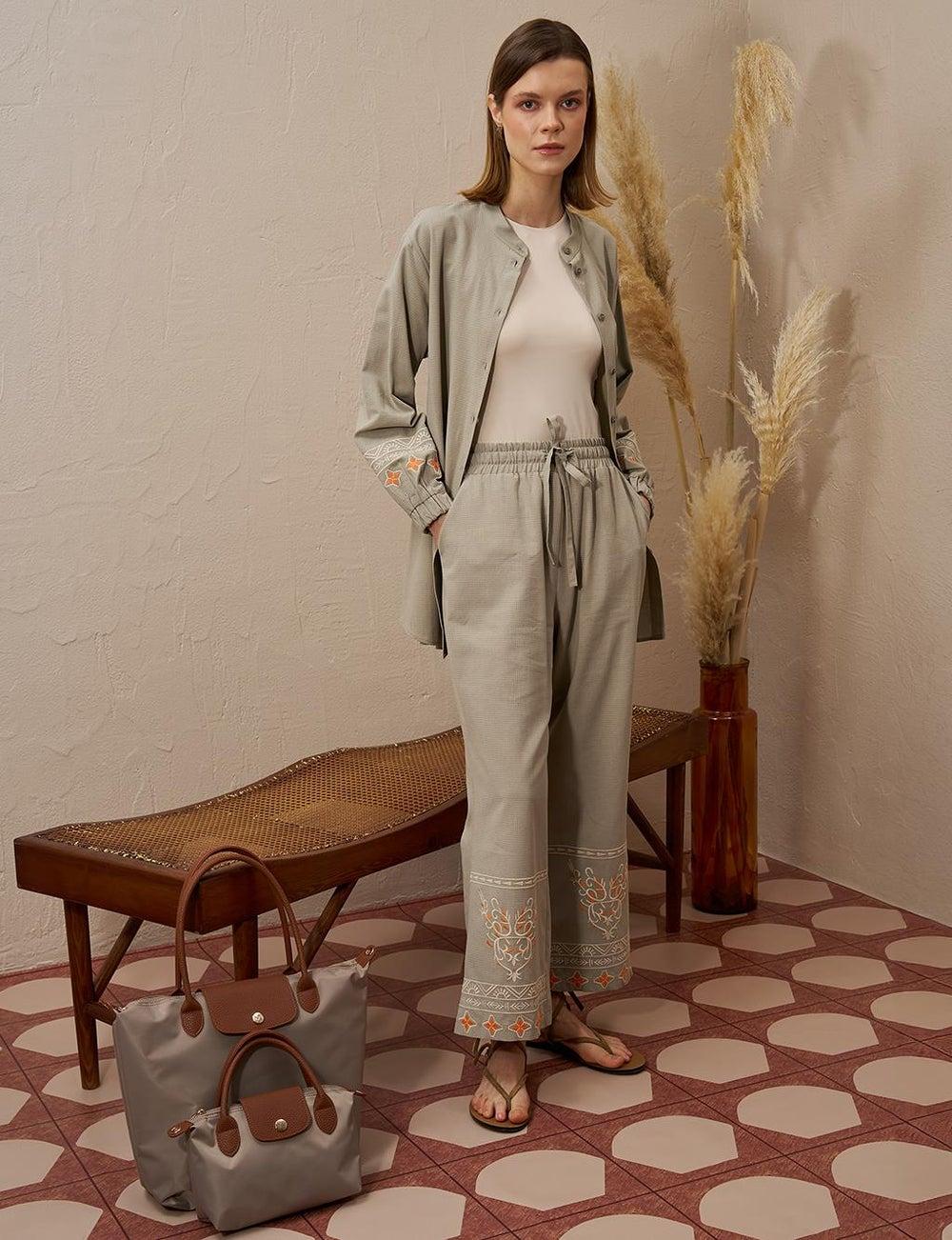 Mold Green Embroidered Linen Double Suit Set - Image 1