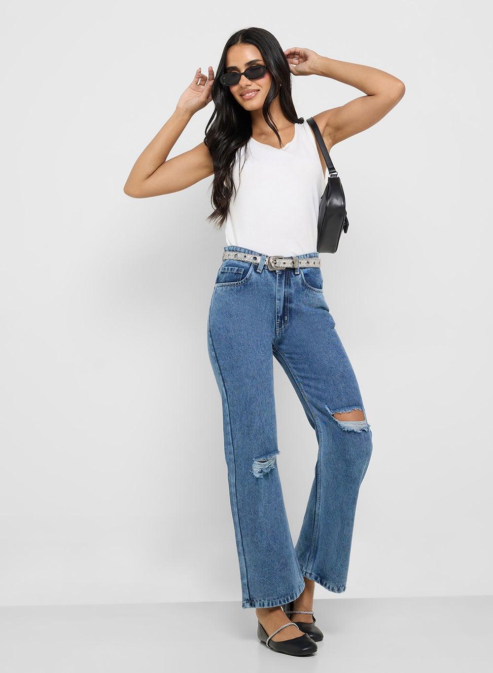 Distressed High-Rise Straight Fit Denim Jeans - Image 1