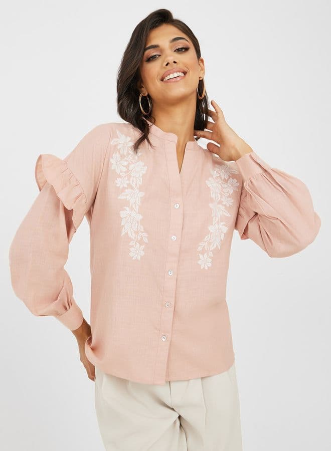 Styli Embbroidered Ruffle Mandarin Collar Shirt - Image 1