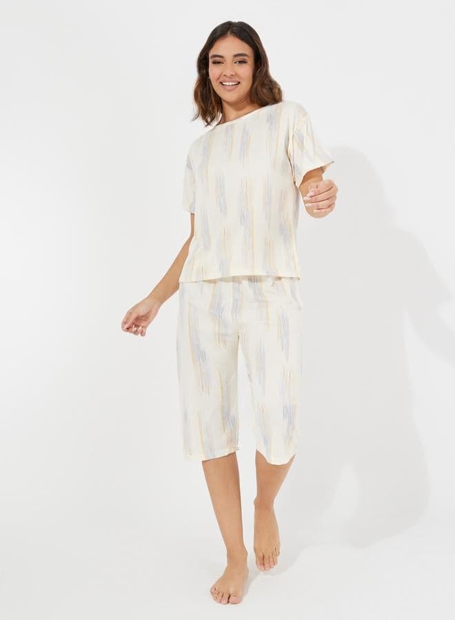 Take Two Printed Round Neck T-Shirt Capri Set - Image 1