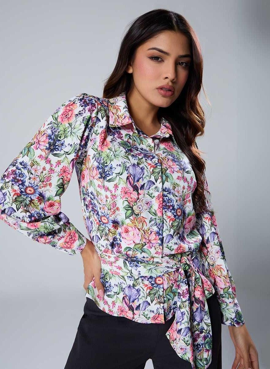 Printed Long Sleeve Waist Tie Top - Image 1