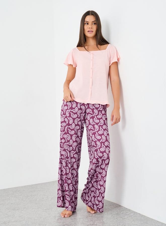 Styli Square Neck Paisley Pyjama Set with Lettuce Hem - Image 1