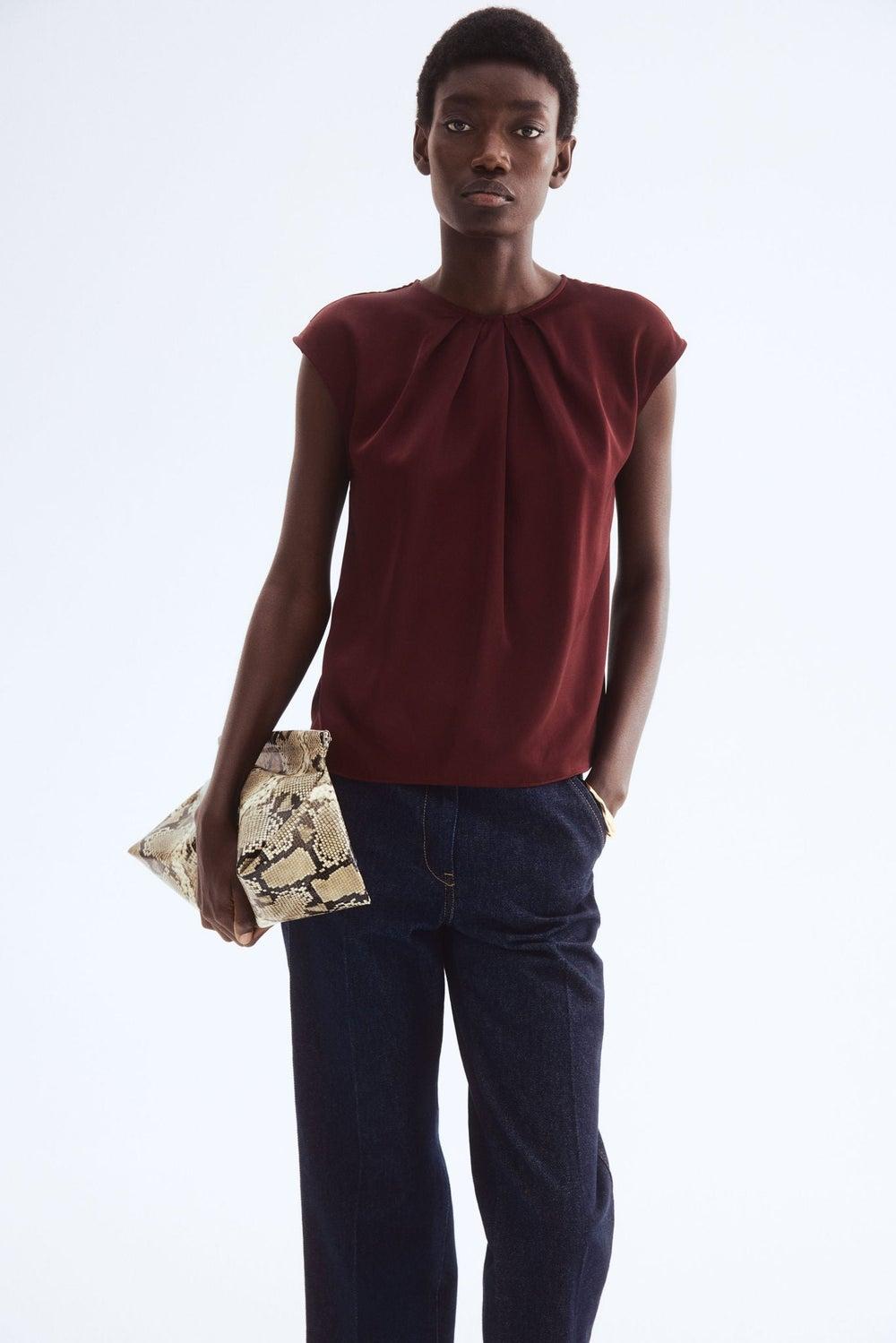 Pleat-Front Cap Sleeve Blouse with Subtle Sheen - Image 1