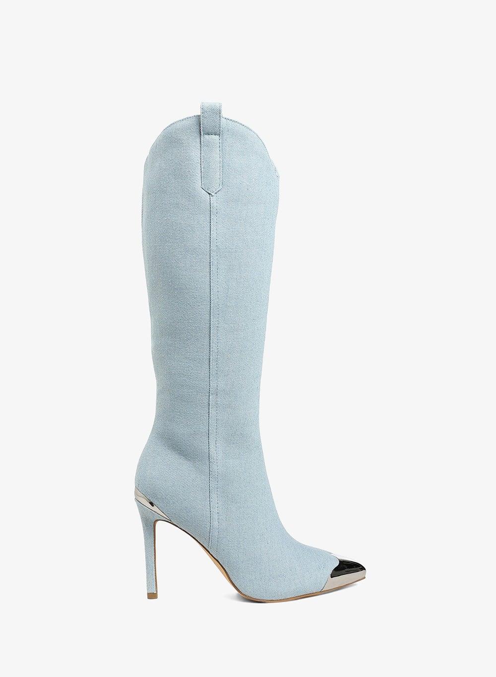 Blue Denim Knee Boots with Metallic Cap Toe - Image 1
