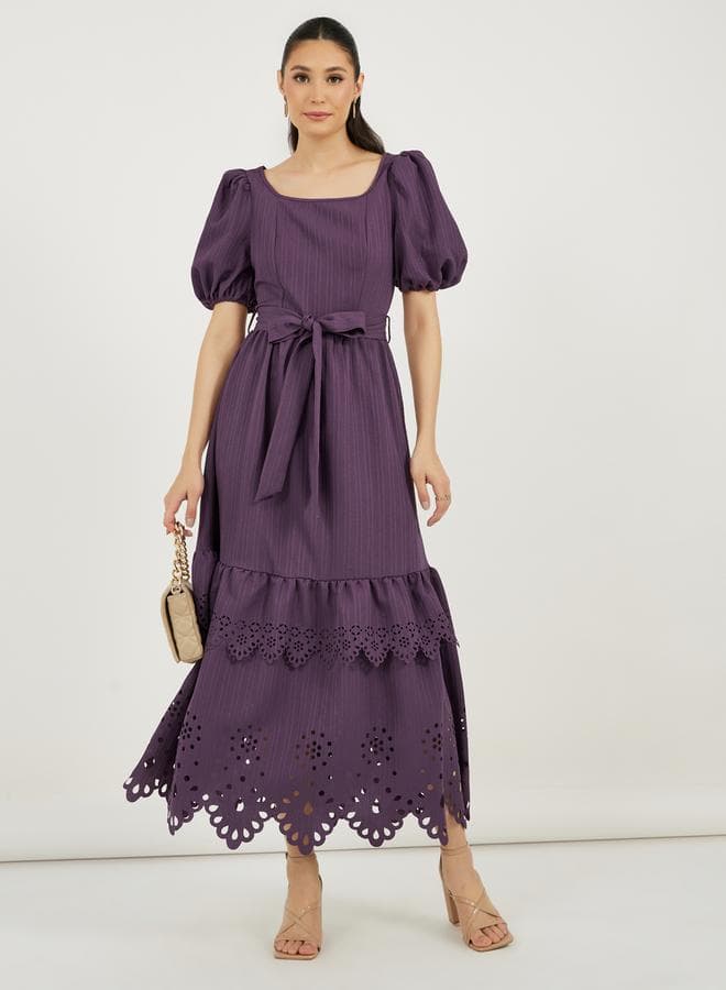 Styli Cutwork Square Neck Tiered Maxi Dress - Image 1