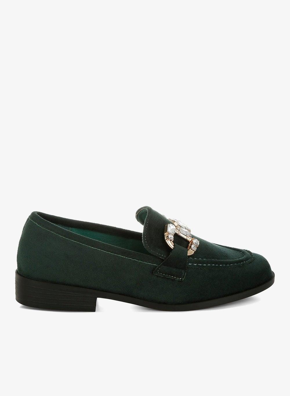 Green Diamante Horsebit Microfiber Loafers - Image 1