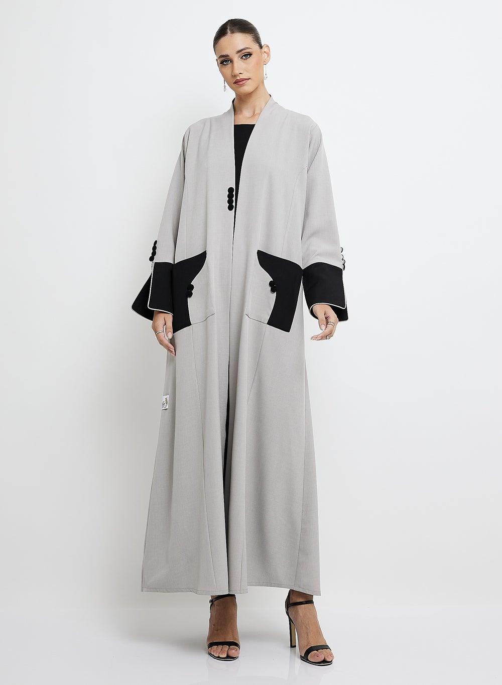 Elegant Gray Buttoned Pocket Abaya - Image 1