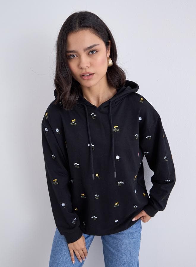 Styli Floral Embroidered Longline Black Hoodie - Image 1