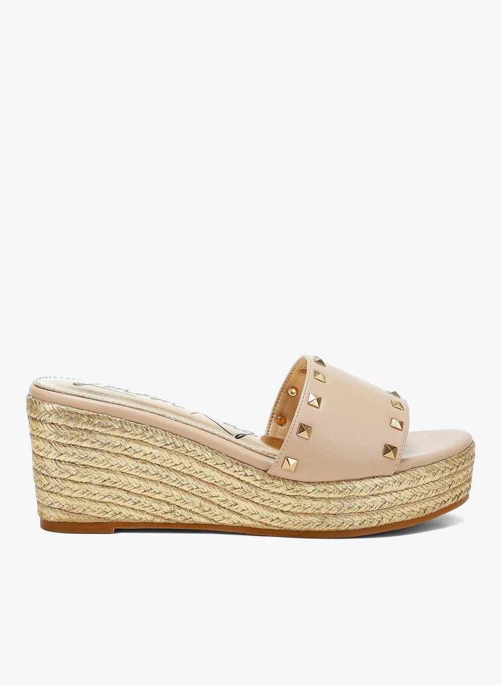 Beige Metallic Studded Slip-On Espadrille Wedges - Image 1