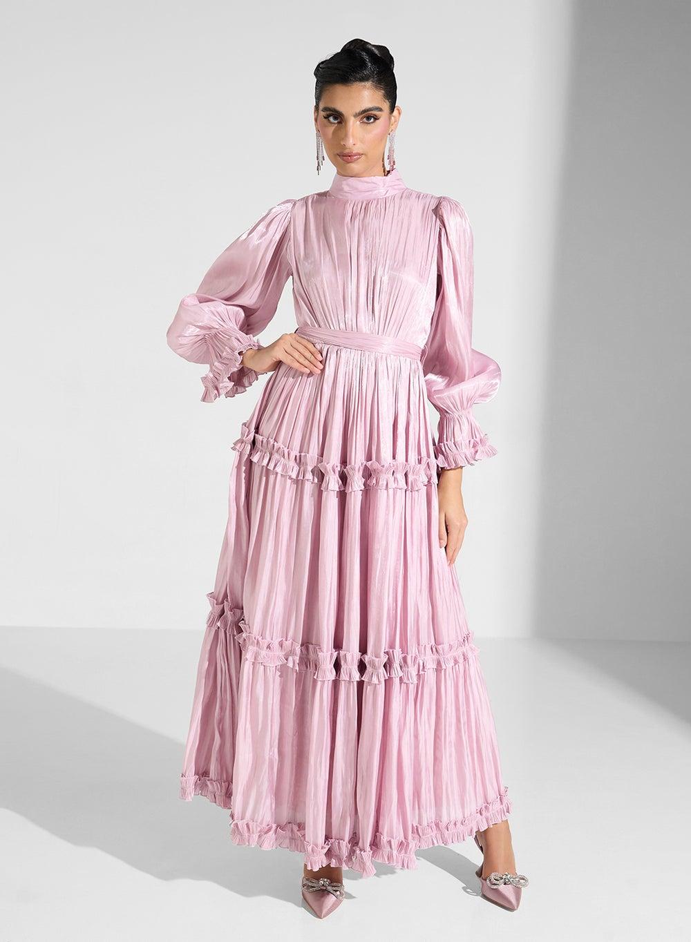 Shimmering Ruffled Maxi Dress with Belted Waist - Image 1