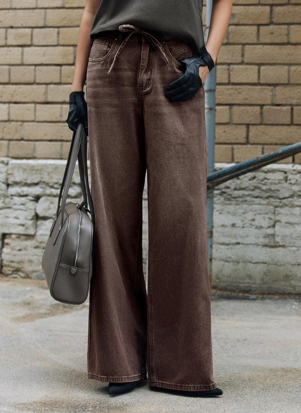 Distressed Loose Denim Jeans with Waist Ties - Image 1