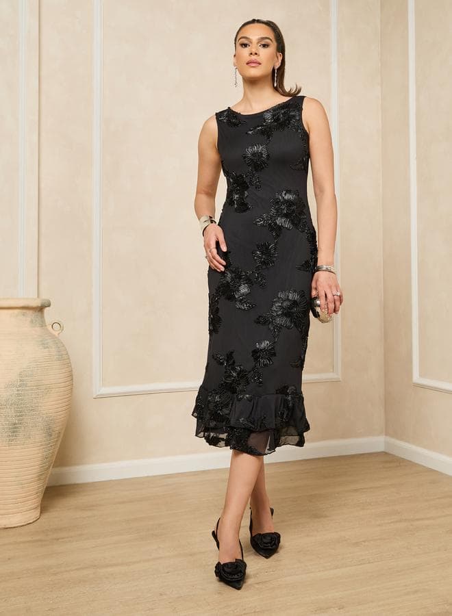 Styli Floral Embbroidered Black Sleeveless Midi Sheath Dress - Image 1