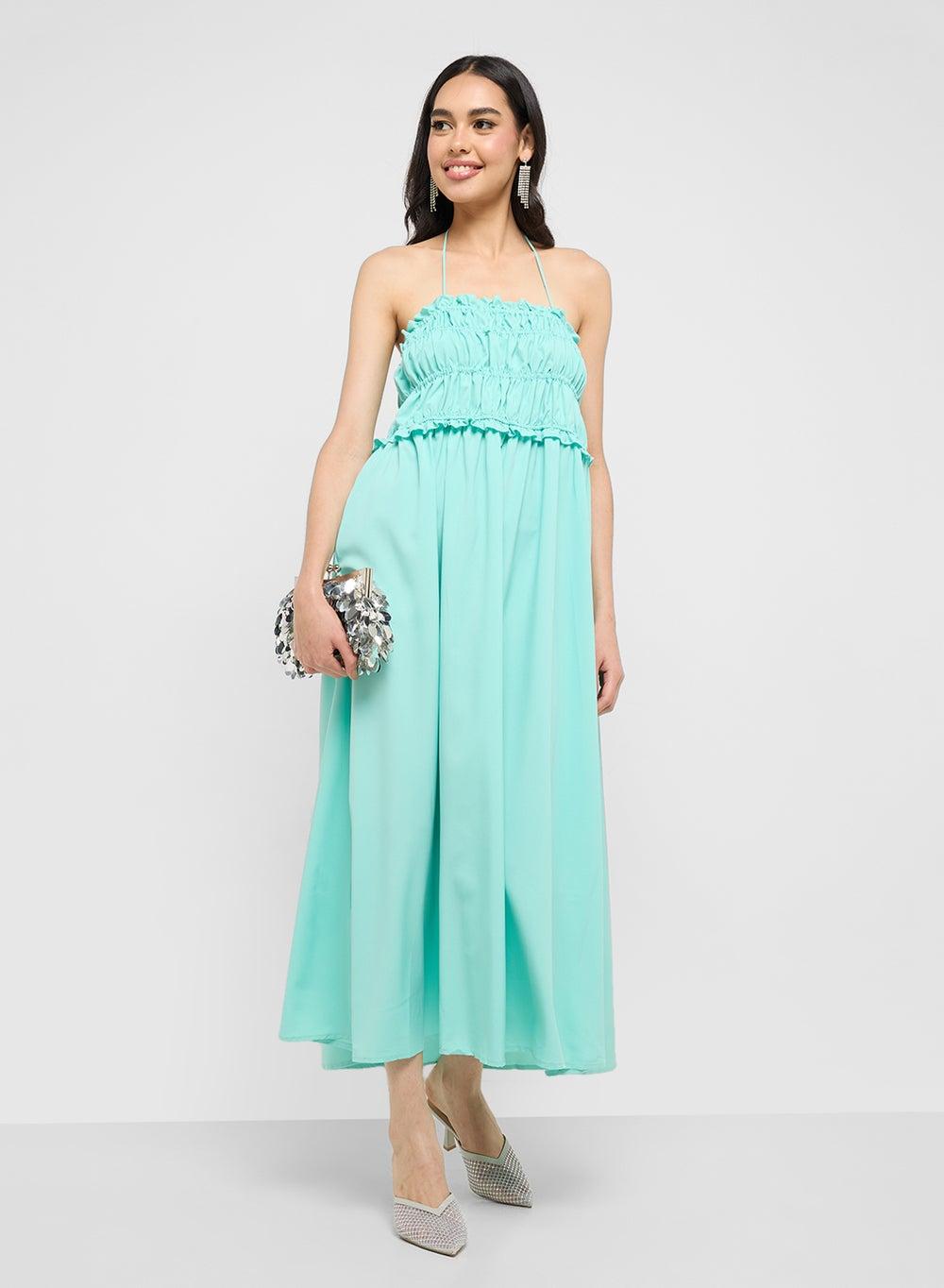 Smocked Bodice Midi Dress in Blue-Green Breeze - Image 1