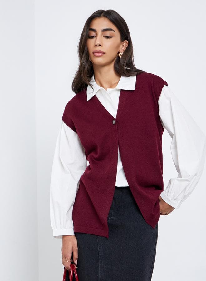 Styli Burgundy Sleeveless Knit Button Top - Image 1